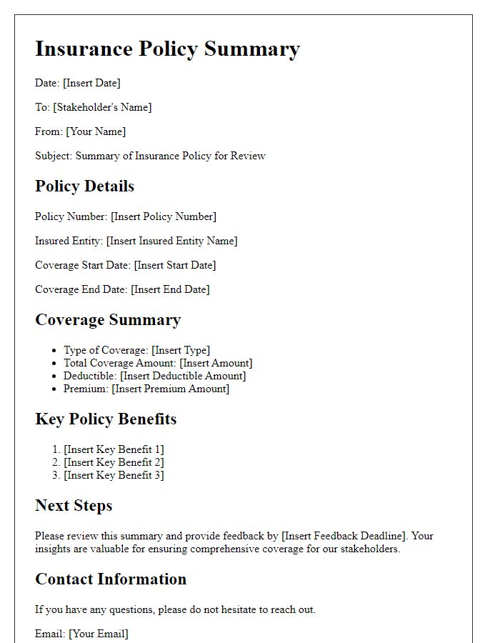 Letter template of insurance policy summary for stakeholder review