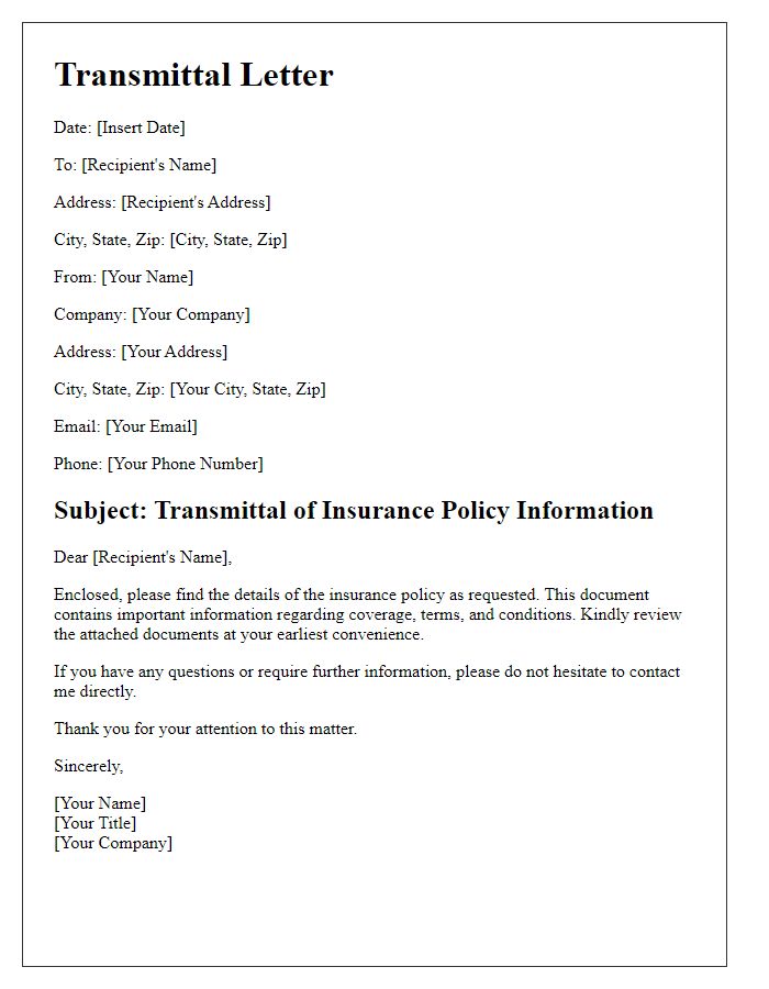 Letter template of transmittal for insurance policy information