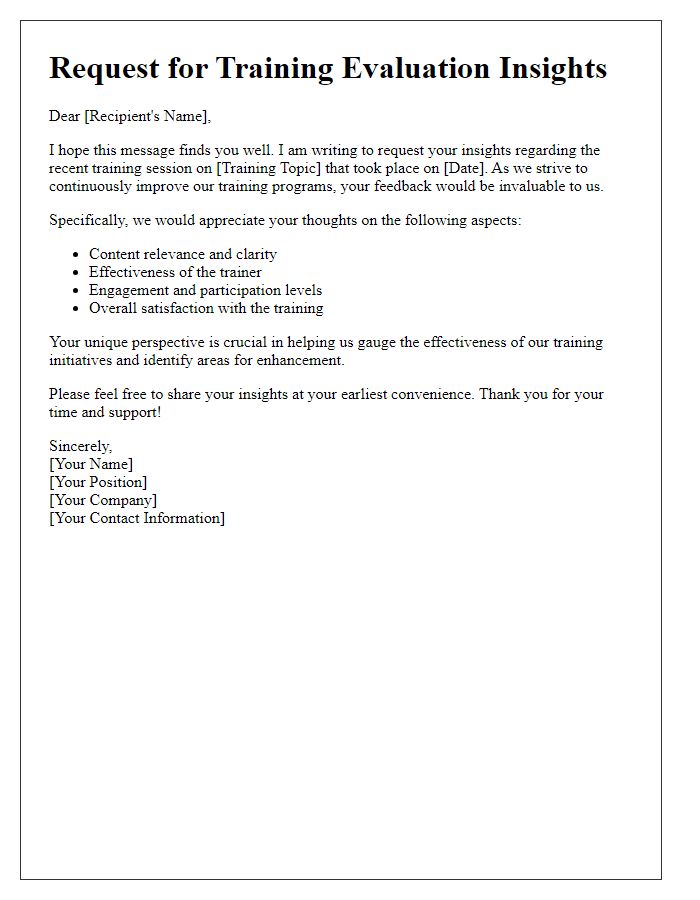 Letter template of request for training evaluation insights