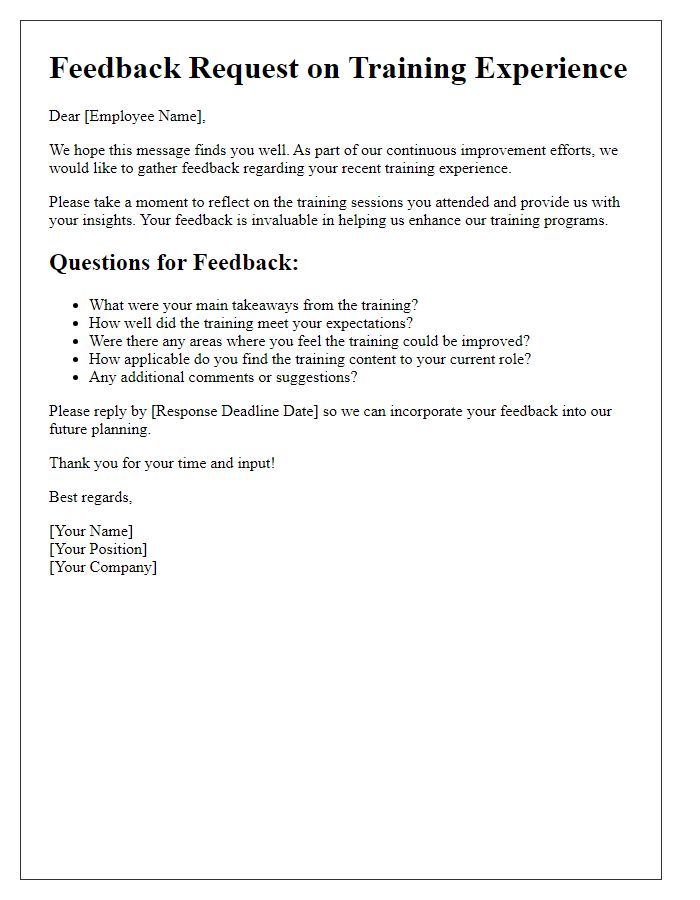 Letter template of seeking employee response on training experience