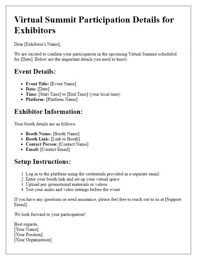 Letter template of virtual summit participation details for exhibitors