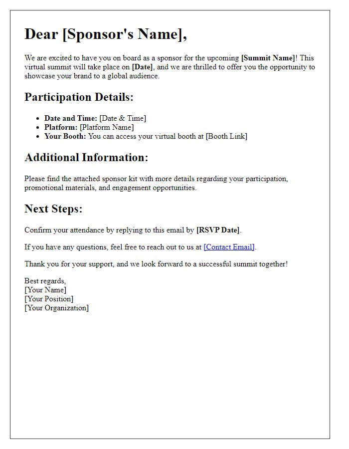 Letter template of virtual summit participation info for sponsors