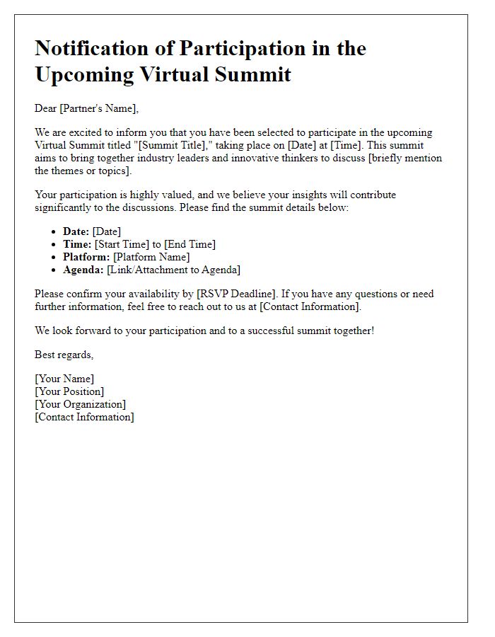 Letter template of virtual summit participation notification for partners