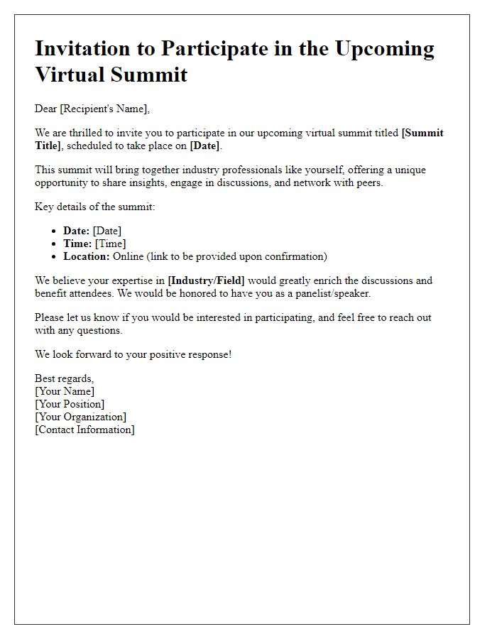 Letter template of virtual summit participation outreach for industry professionals