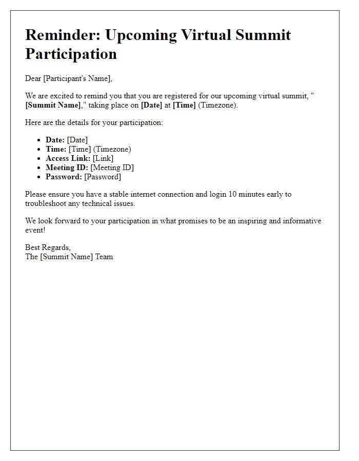 Letter template of virtual summit participation reminder for registered guests