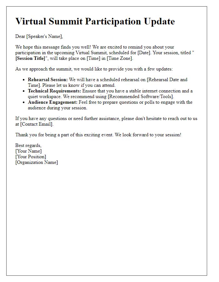 Letter template of virtual summit participation update for speakers