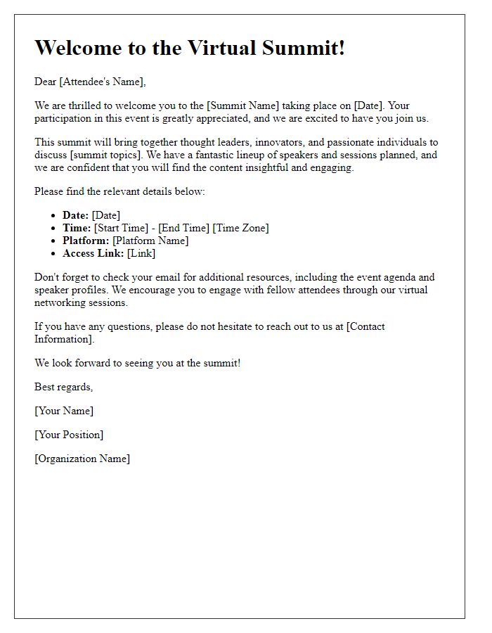 Letter template of virtual summit participation welcome for new attendees
