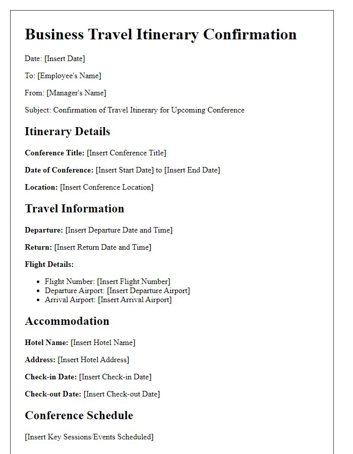 Letter template of confirmed business travel itinerary for conference attendance.