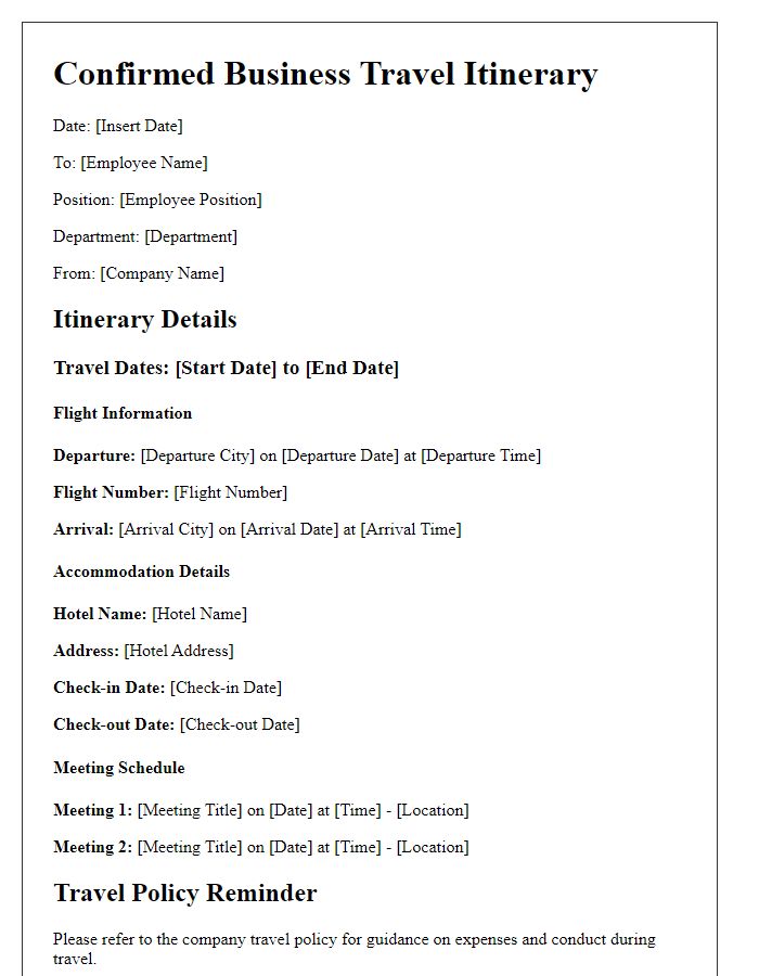 Letter template of confirmed business travel itinerary for domestic travel.