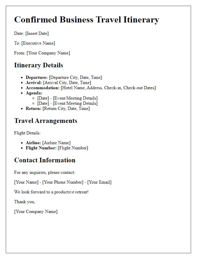 Letter template of confirmed business travel itinerary for executive retreats.