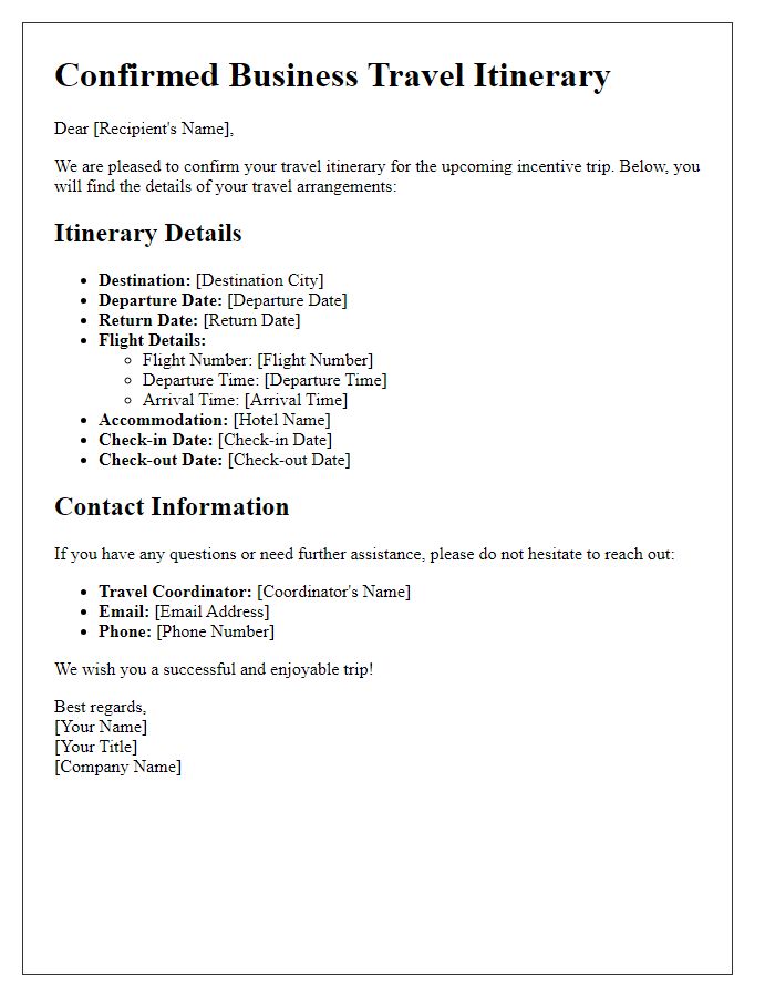 Letter template of confirmed business travel itinerary for incentive trips.