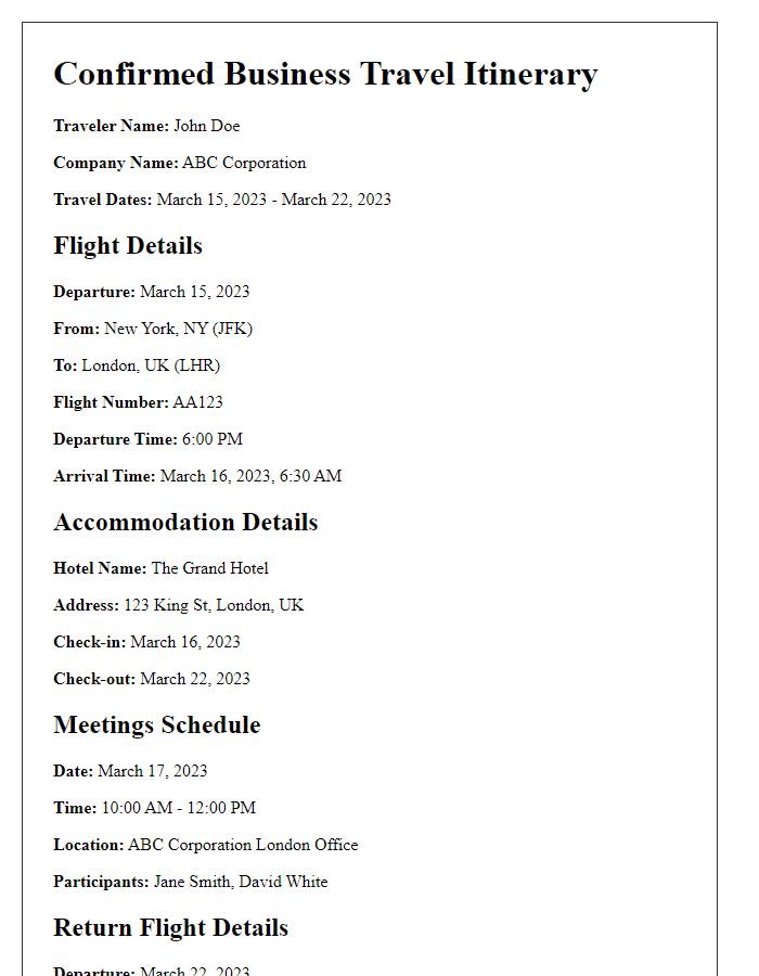 Letter template of confirmed business travel itinerary for international travel.