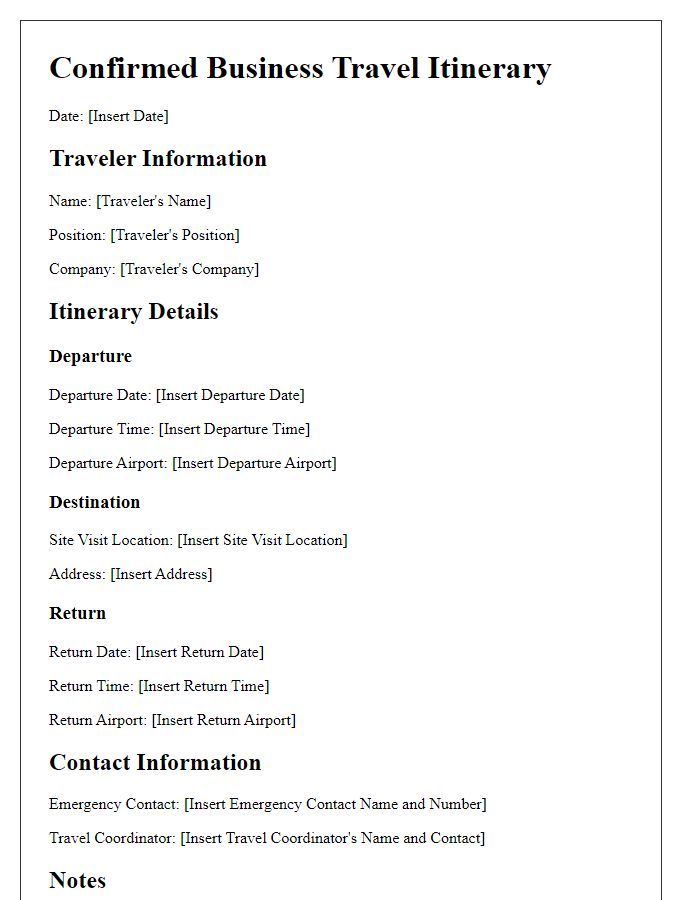 Letter template of confirmed business travel itinerary for site visits.