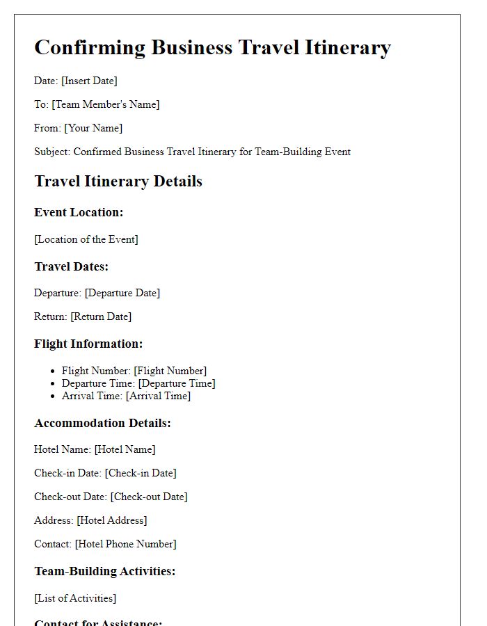 Letter template of confirmed business travel itinerary for team-building events.