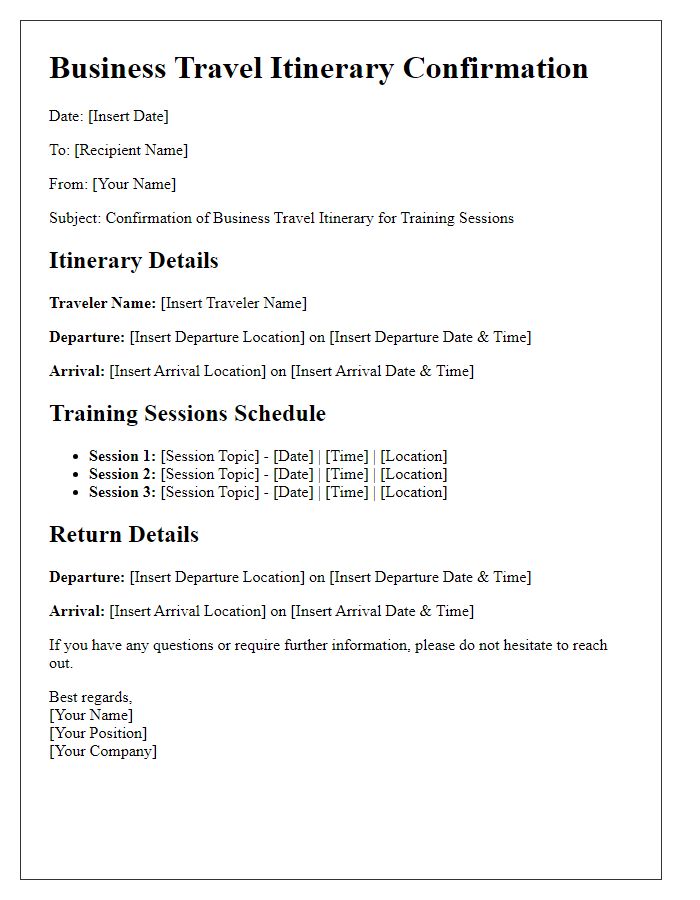 Letter template of confirmed business travel itinerary for training sessions.