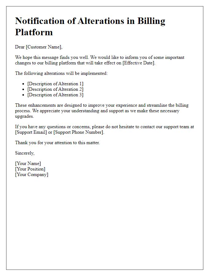 Letter template of alterations in billing platform