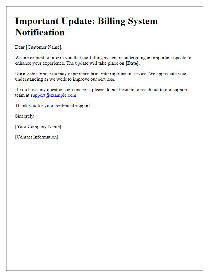 Letter template of billing system update notification