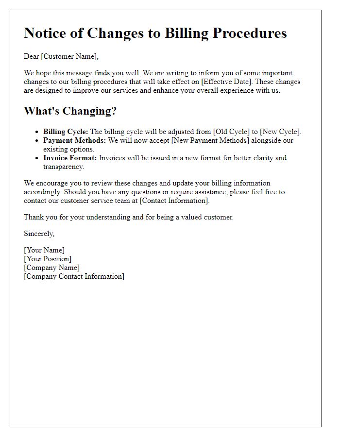 Letter template of changes to billing procedures