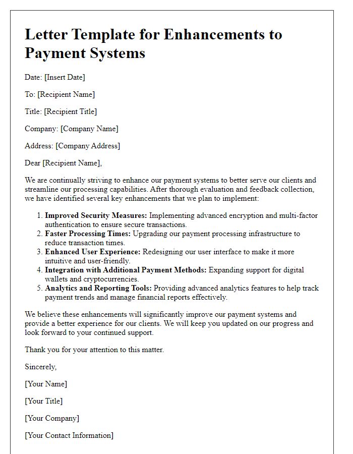 Letter template of enhancements to payment systems