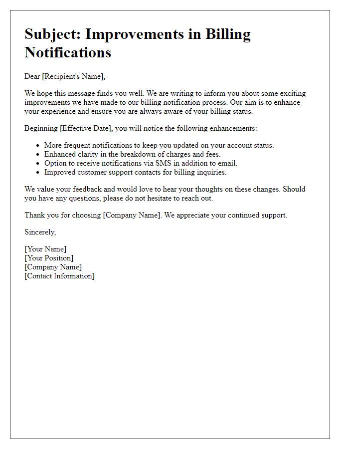Letter template of improvements in billing notifications
