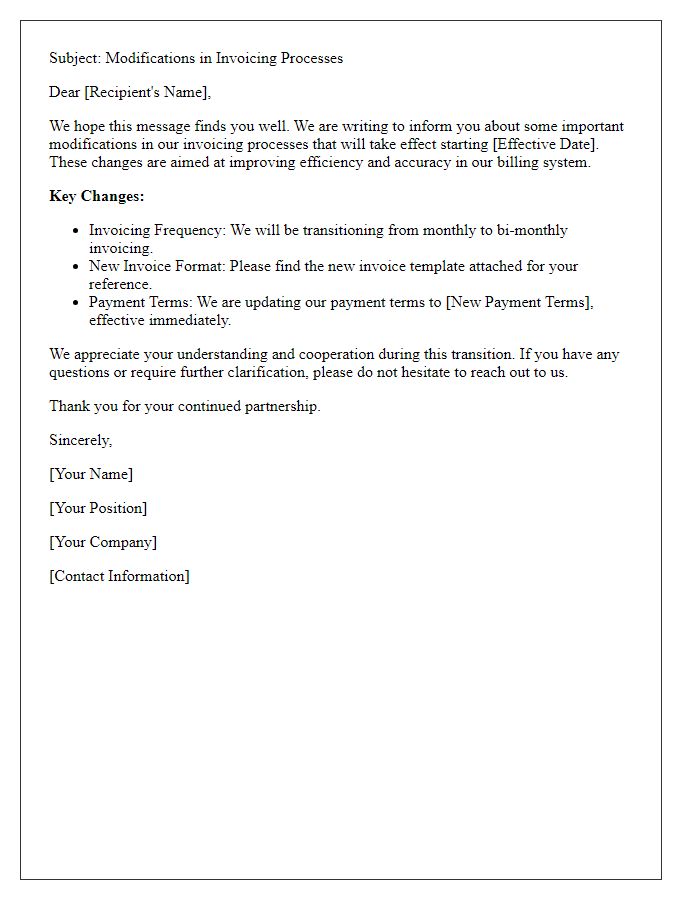 Letter template of modifications in invoicing processes