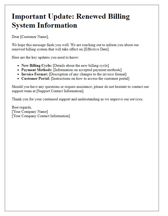 Letter template of renewed billing system information