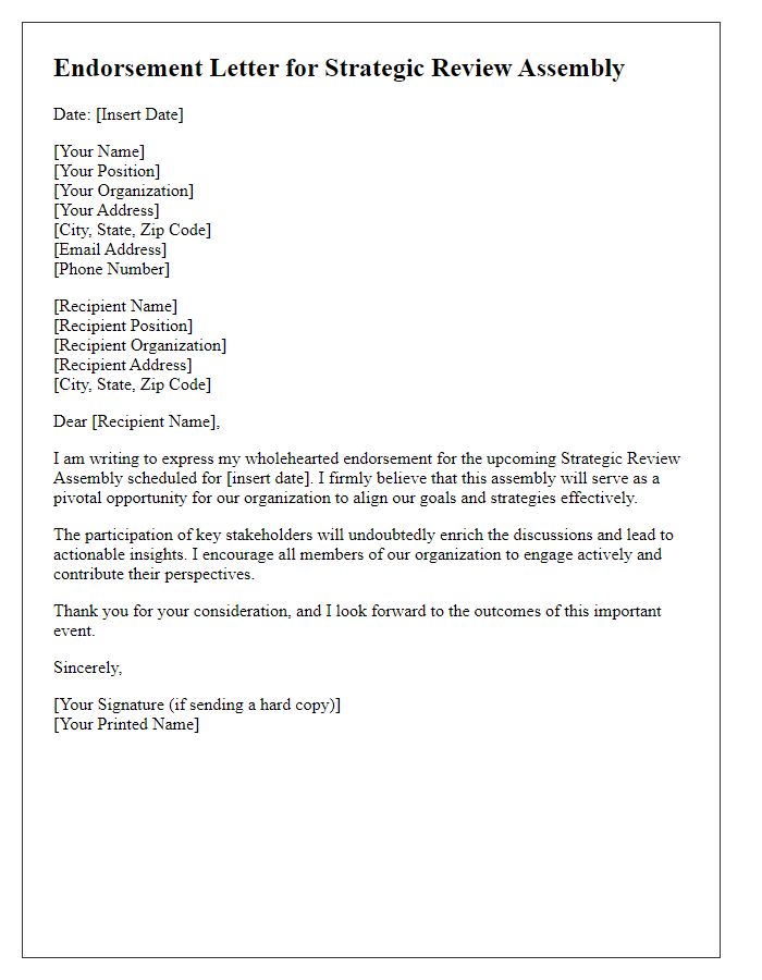 Letter template of endorsement for strategic review assembly