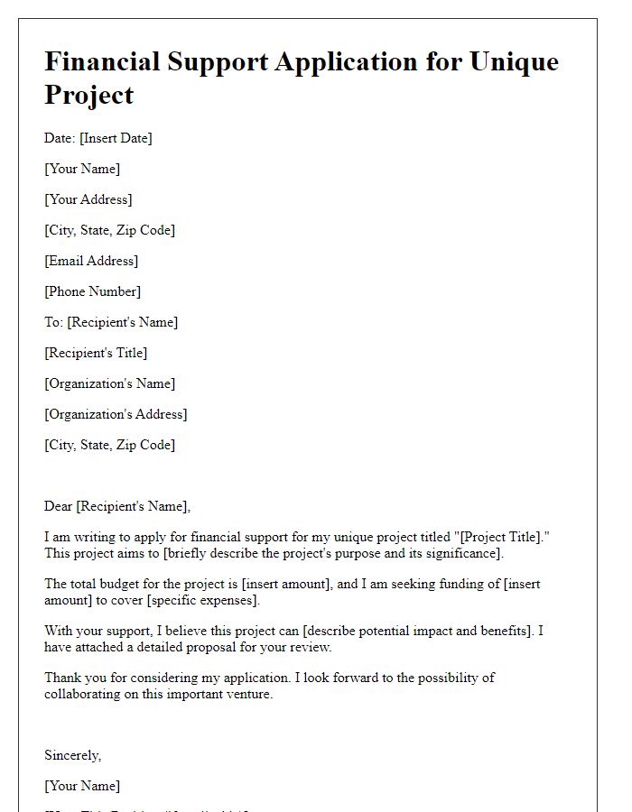 Letter template of financial support application for unique project