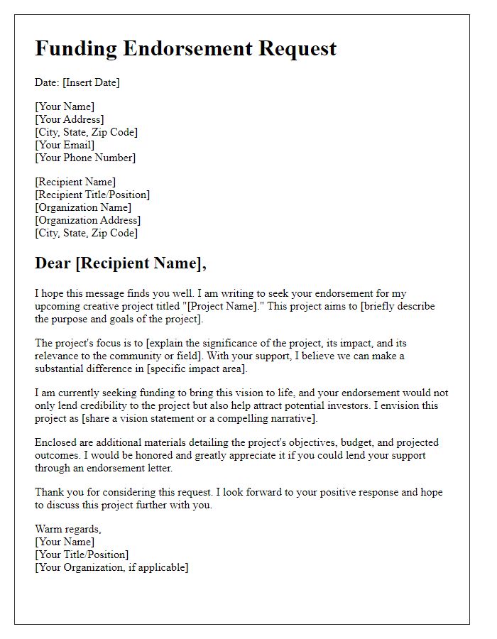 Letter template of funding endorsement request for creative project