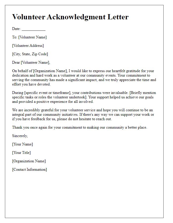 Letter template of acknowledgment for community volunteer work