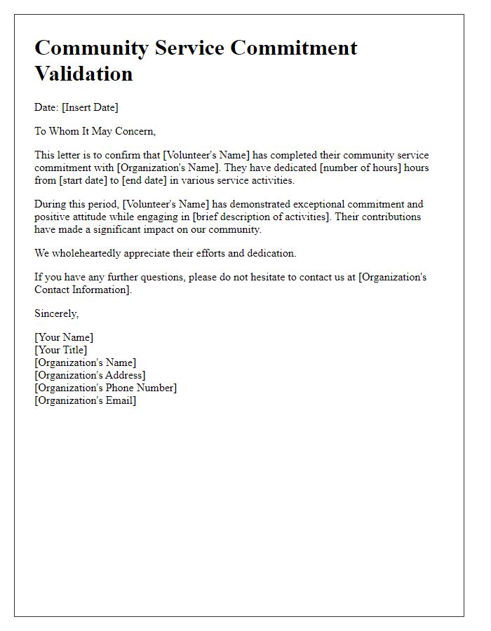 Letter template of community service commitment validation