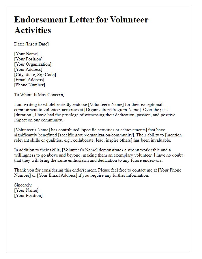 Letter template of endorsement for volunteer activities