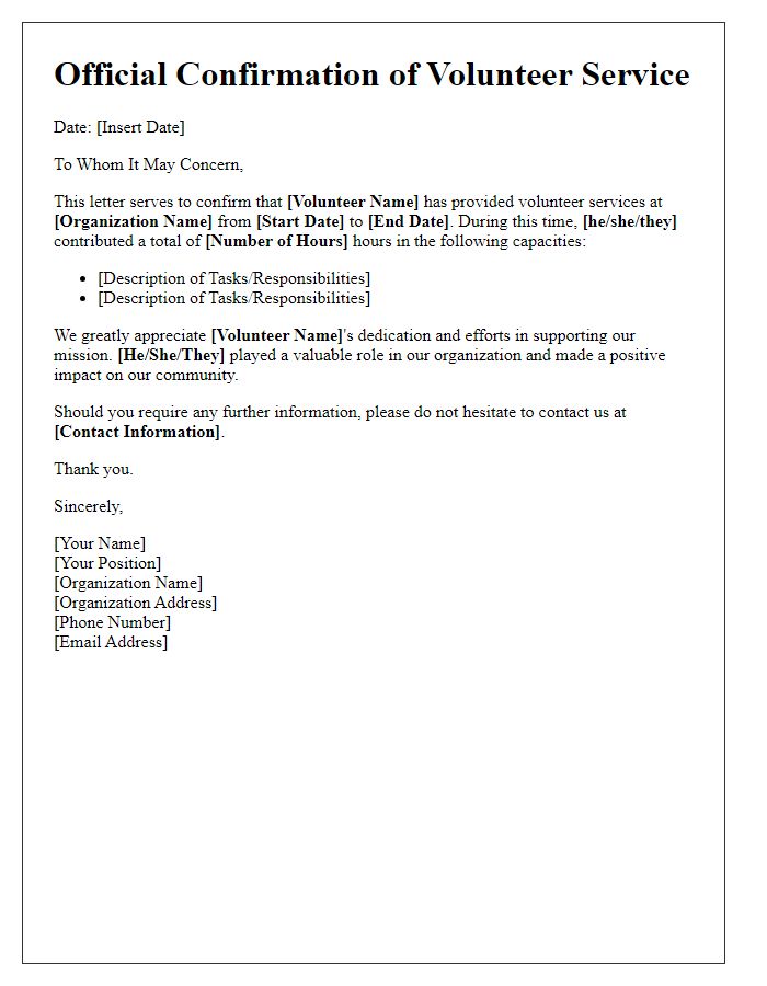 Letter template of official confirmation of volunteer service