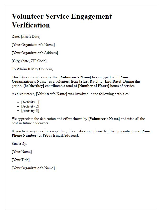 Letter template of volunteer service engagement verification