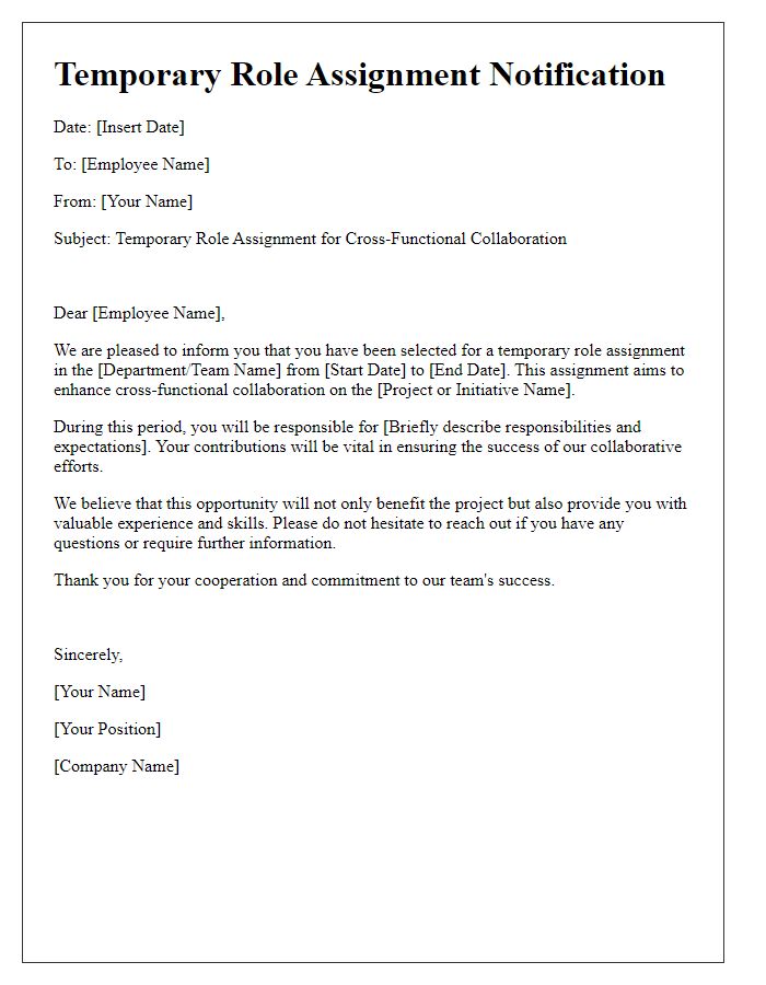 Letter template of temporary role assignment for cross-functional collaboration.