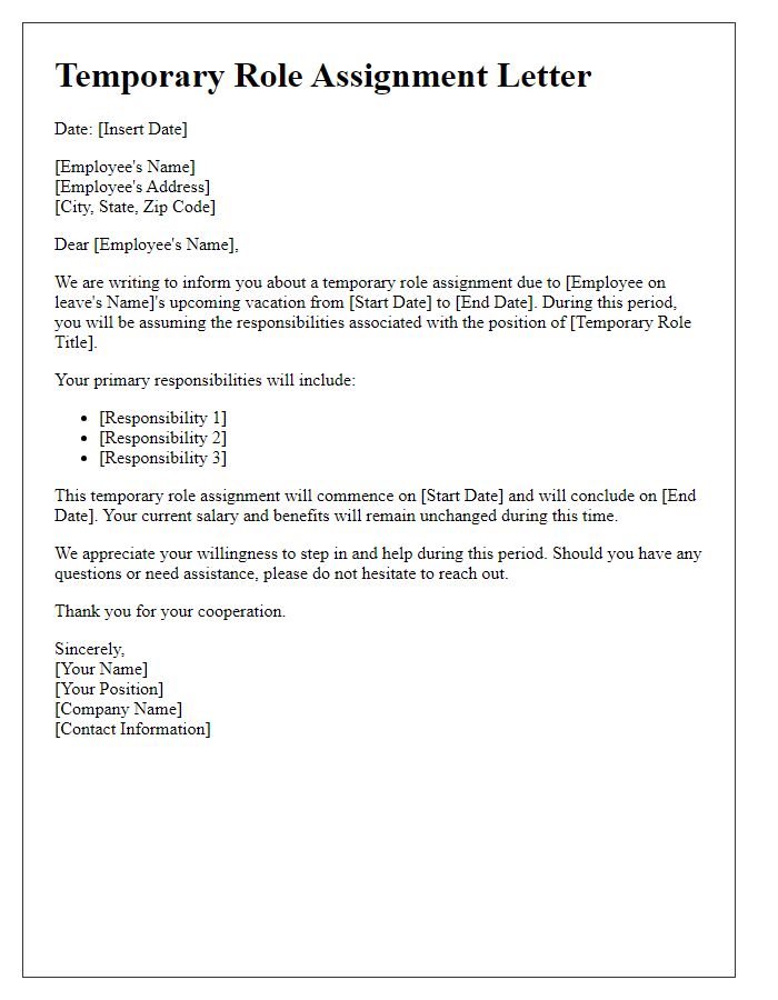 Letter template of temporary role assignment for employee vacation relief.