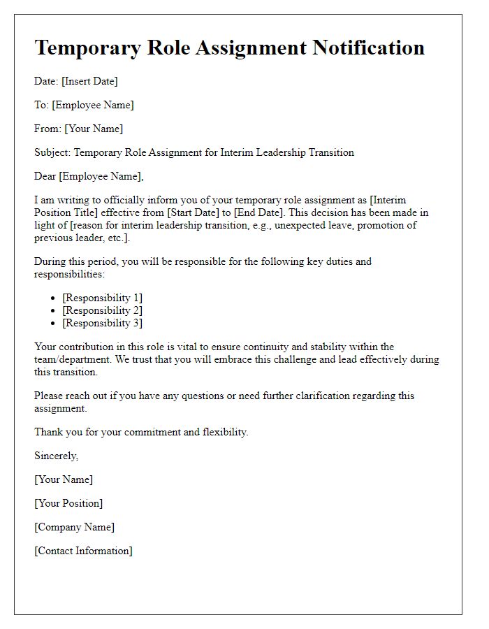 Letter template of temporary role assignment for interim leadership transition.