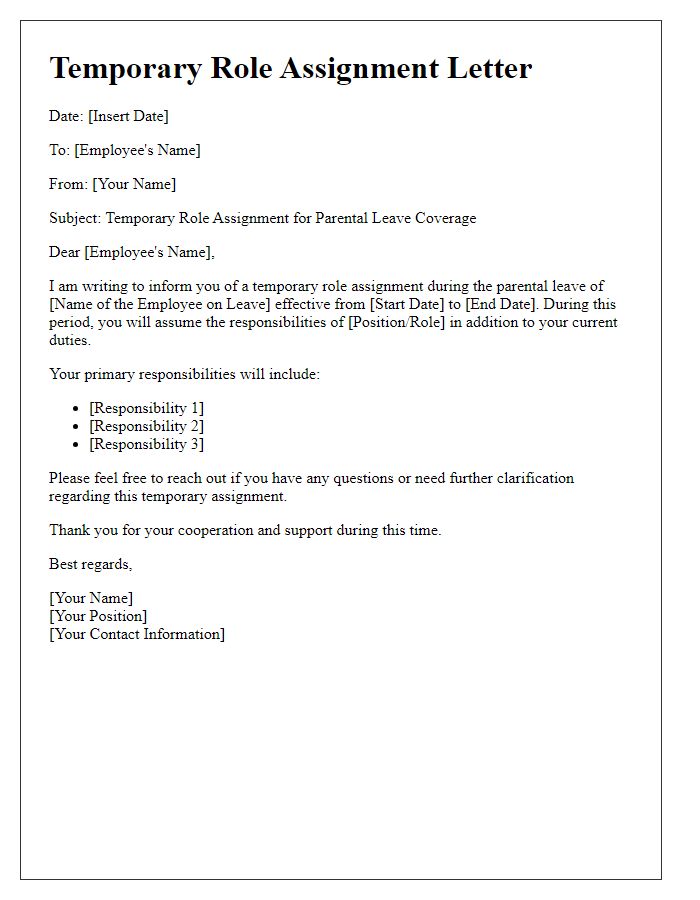 Letter template of temporary role assignment for parental leave coverage.