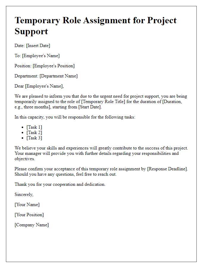 Letter template of temporary role assignment for project support.