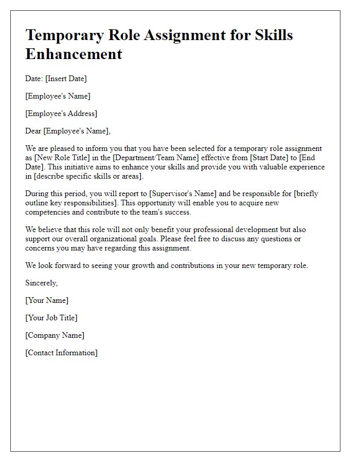 Letter template of temporary role assignment for skills enhancement initiatives.