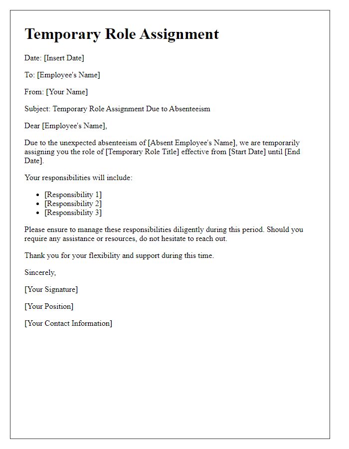 Letter template of temporary role assignment for unexpected absenteeism.