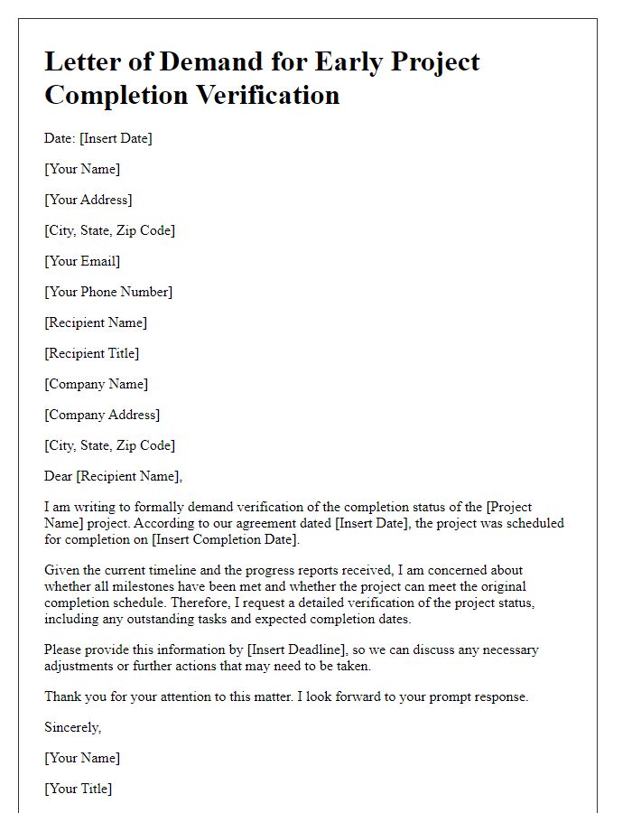 Letter template of demand for early project completion verification