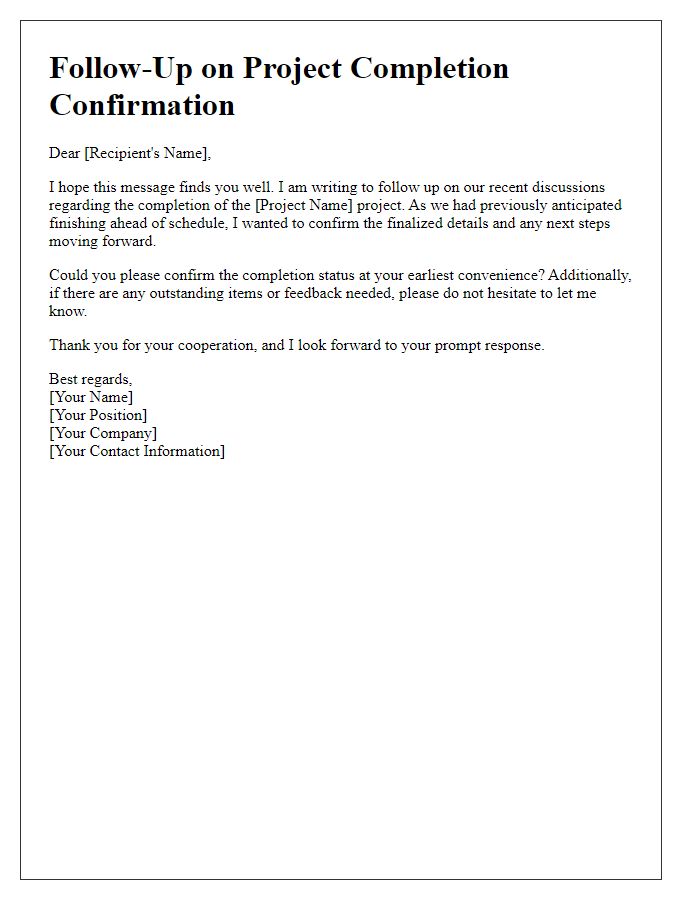 Letter template of follow-up on early project finish confirmation
