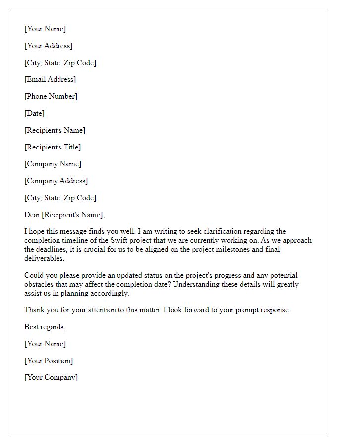 Letter template of seeking clarification on swift project completion