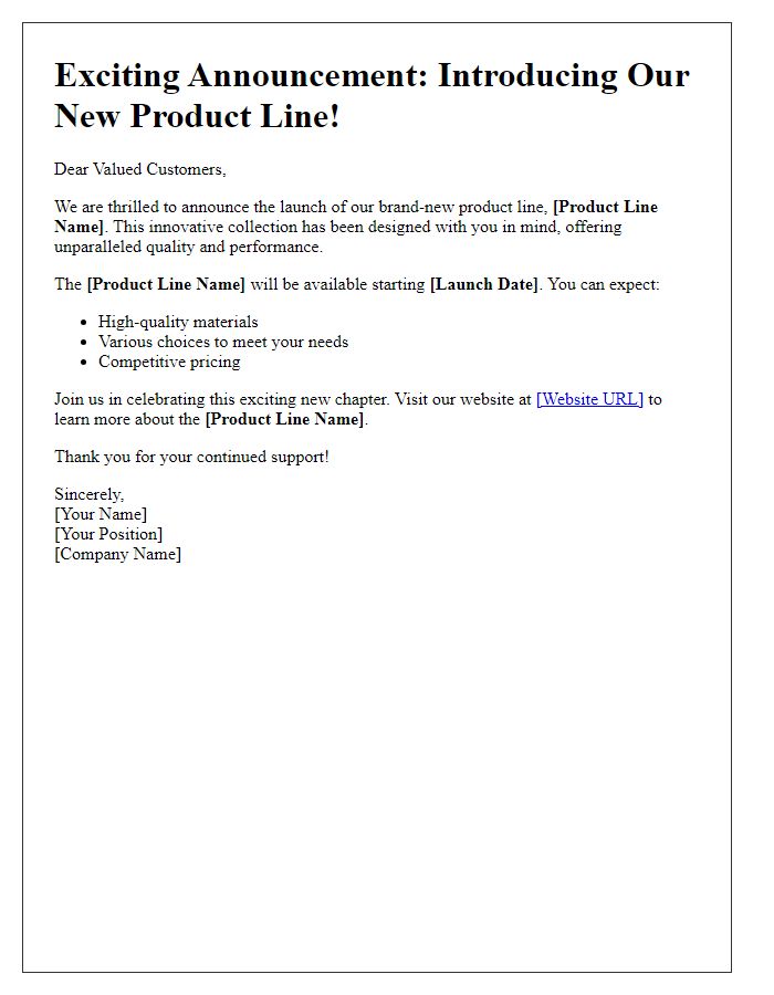 Letter template of announcement for new product line introduction