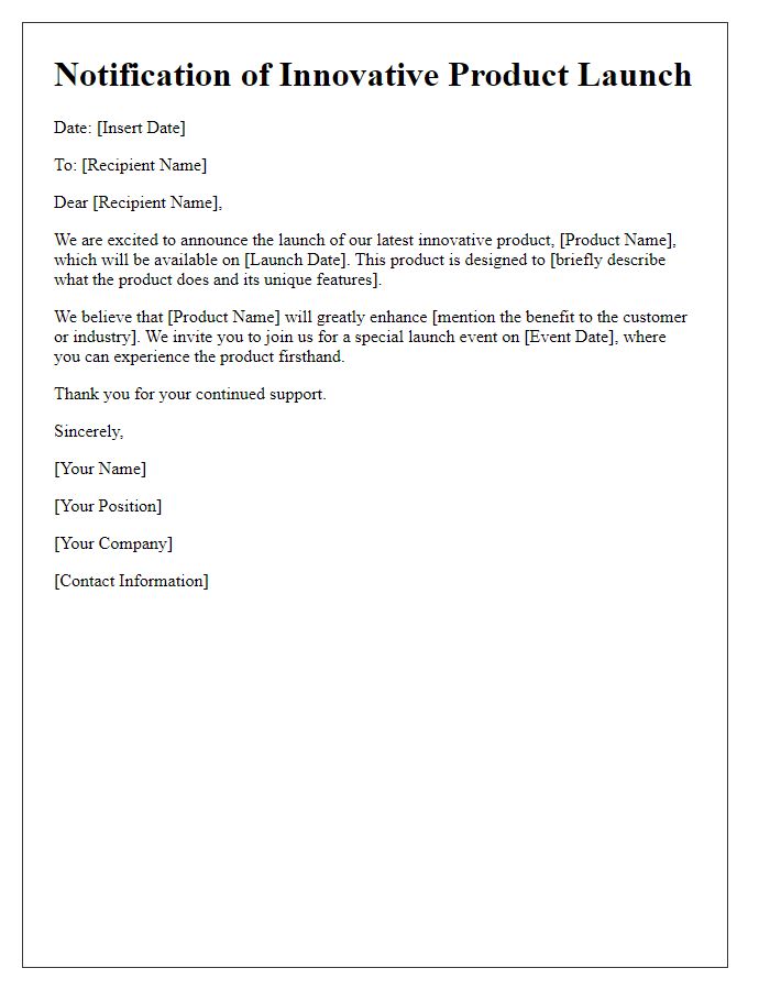 Letter template of notification for innovative product launch