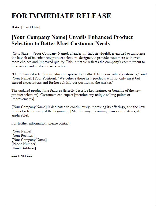 Letter template of press release for enhanced product selection