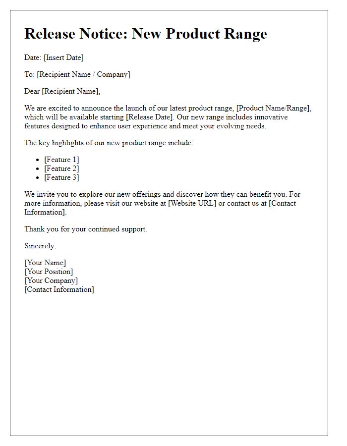 Letter template of release notice for latest product range