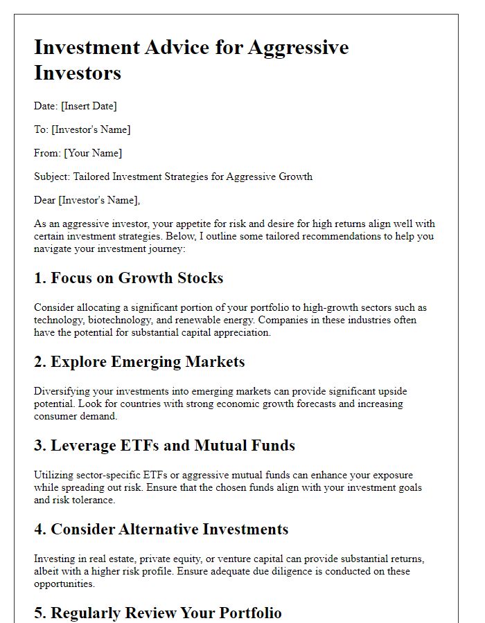 Letter template of investment advice for aggressive investors