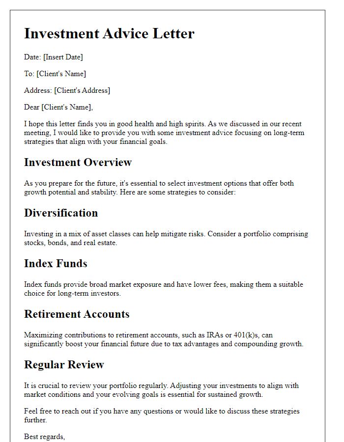 Letter template of investment advice for long-term strategies